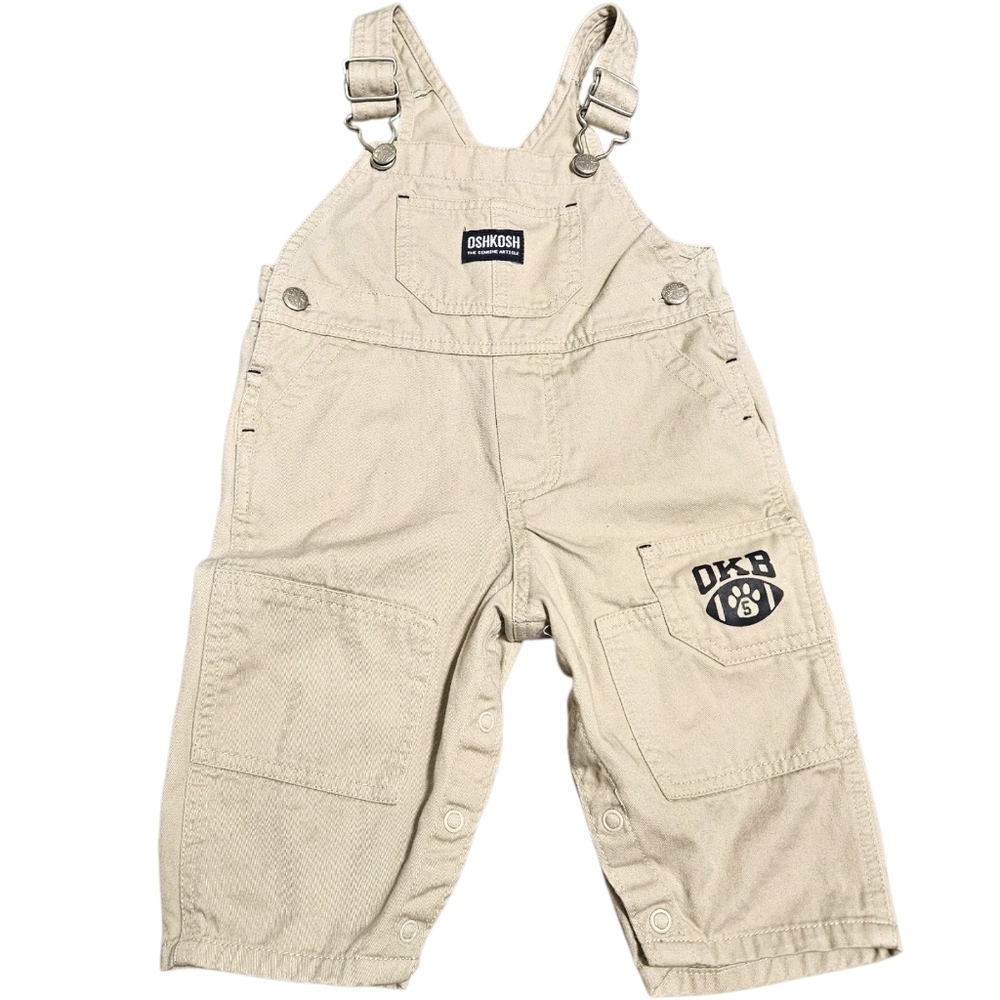 Vtg y2k OshKosh B’gosh Beige Overalls 12M Baby Boy OKB Patch Utility 100% Cotton